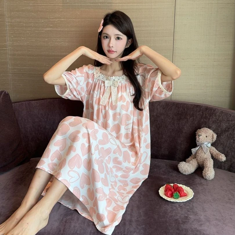 【粉色爱心-方领】夏季新款薄款睡衣加大码时尚连体衣宽松气质显瘦