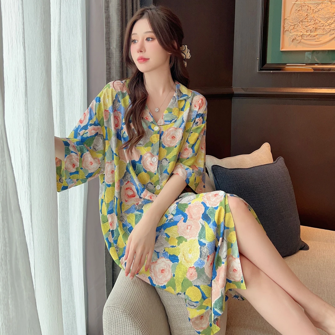 【油画睡裙】夏季薄款睡衣韩版加大码女款家居服透气宽松休闲裙子