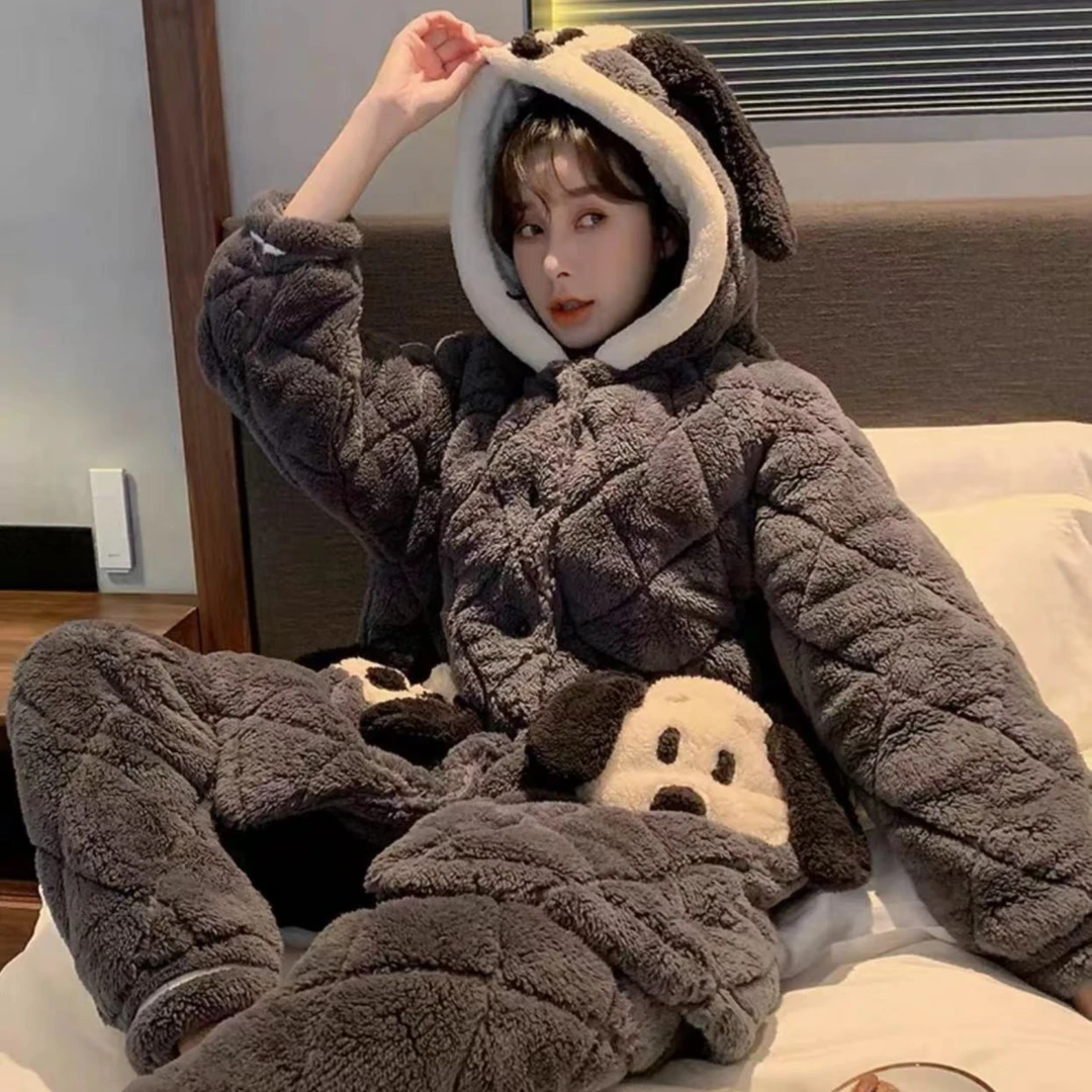 【可爱小狗】冬季加棉加厚保暖三层夹棉睡袍长款可外穿家居服套装