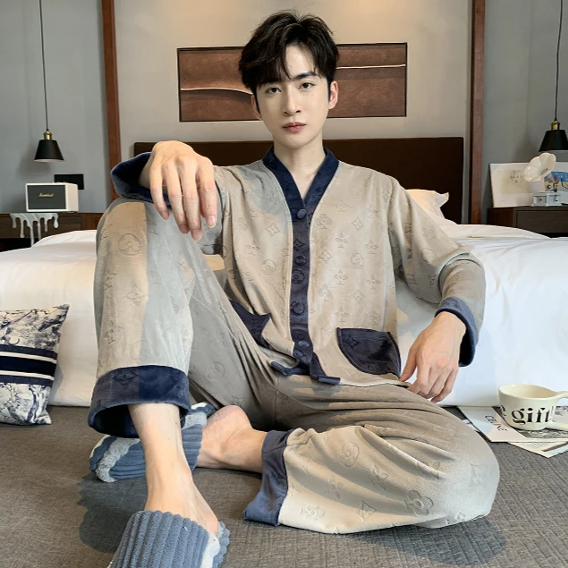 【50度灰】男士超柔时尚纯色睡衣秋冬新款长袖时尚简约家居服套装