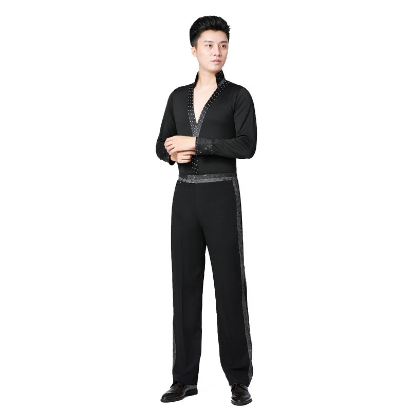 XISAA品牌新款摩登舞交谊舞恰恰练功服长袖烫钻男士拉丁舞套装