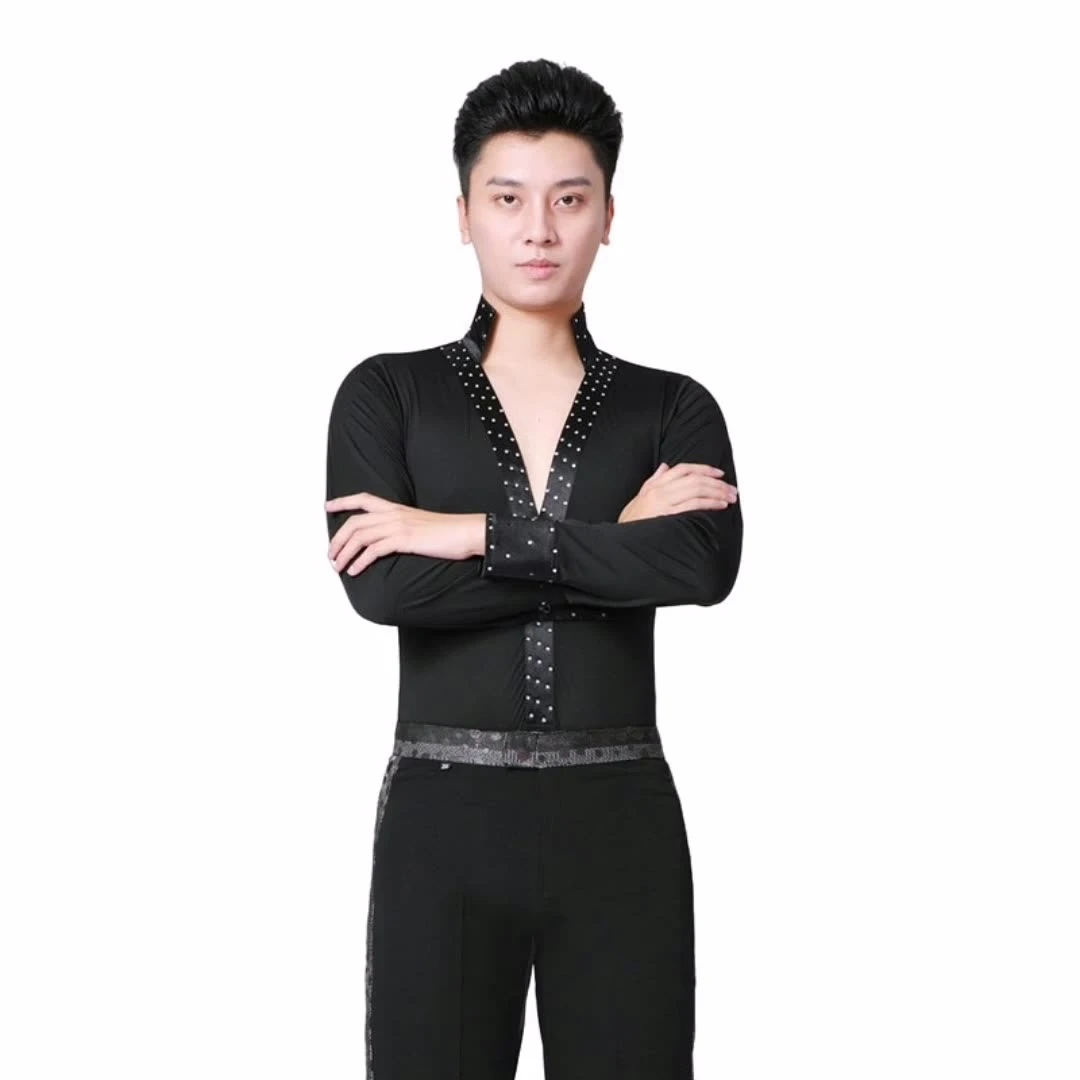 XISAA品牌新款时尚摩登交谊舞恰恰练功服长袖烫钻男士拉丁舞套装