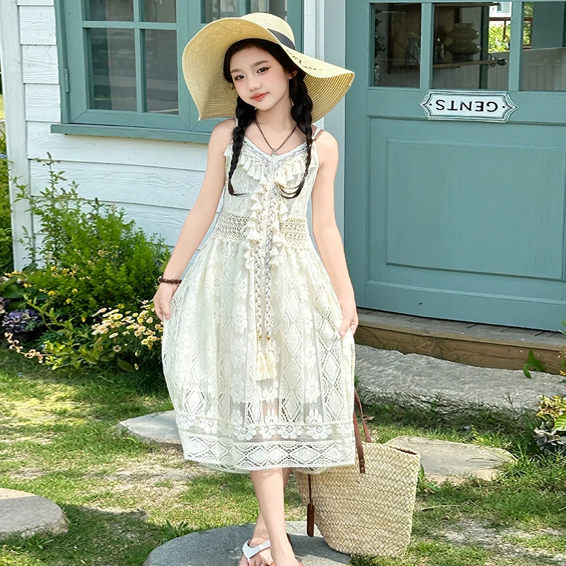 女童甜美连衣裙2024新款女大童洋气度假风吊带裙女孩夏装背心裙子