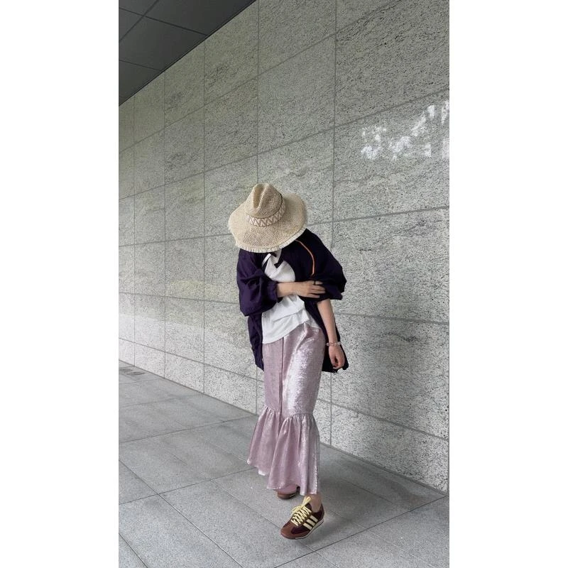 全松紧珍珠粉紫色半裙 J24B131