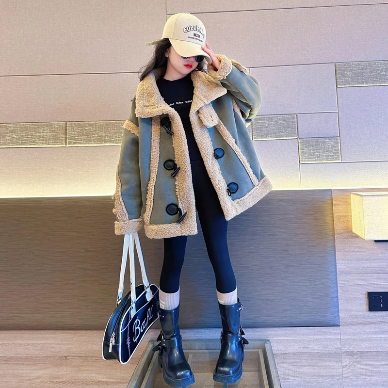 女童皮毛一体外套秋冬款2024新款儿童大童冬季加绒加厚羊羔绒冬装