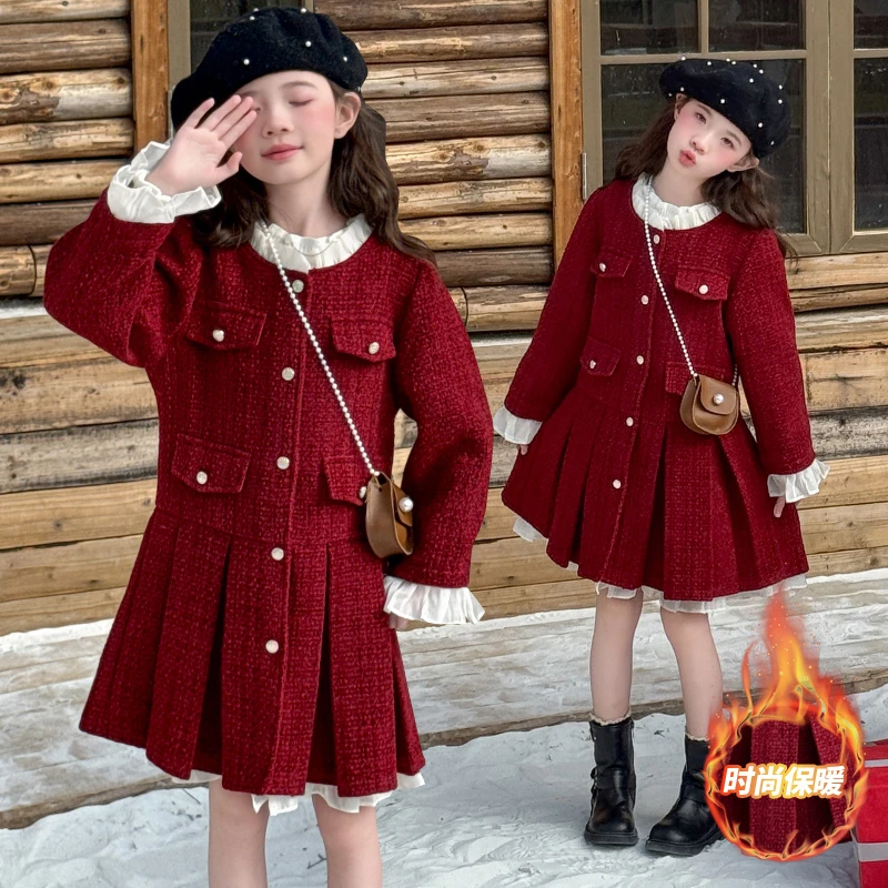 女童红色小香风连衣裙夹棉时髦潮流公主裙拜年服冬装新款2024年潮