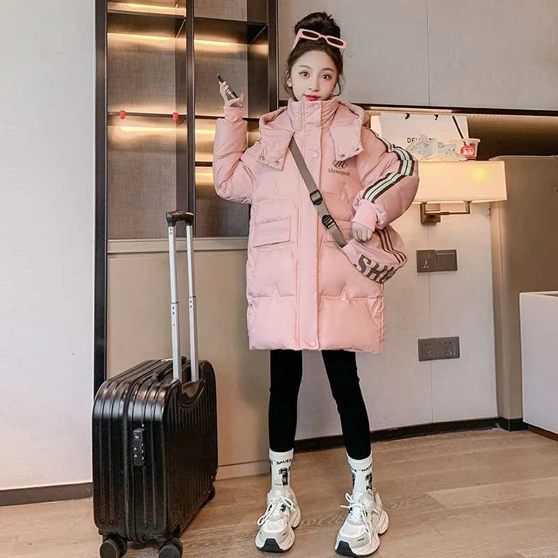 女童棉服冬装2024新款大童羽绒棉衣儿童秋冬季加厚中长款连帽外套