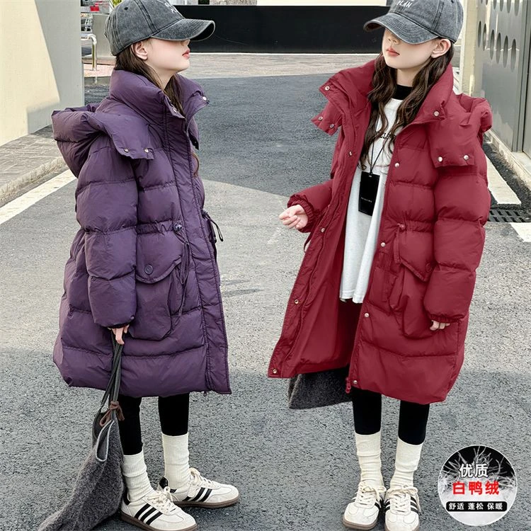 女童羽绒服冬季2024新洋气大童中长款红色外套白鸭绒儿童装红色