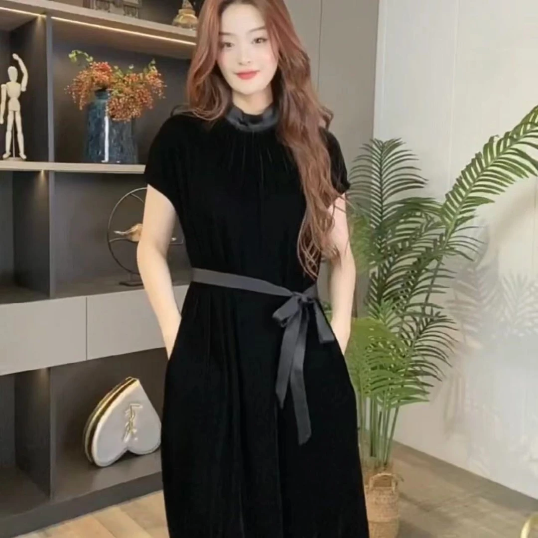 定制丝绒连肩袖时尚轻奢连衣裙