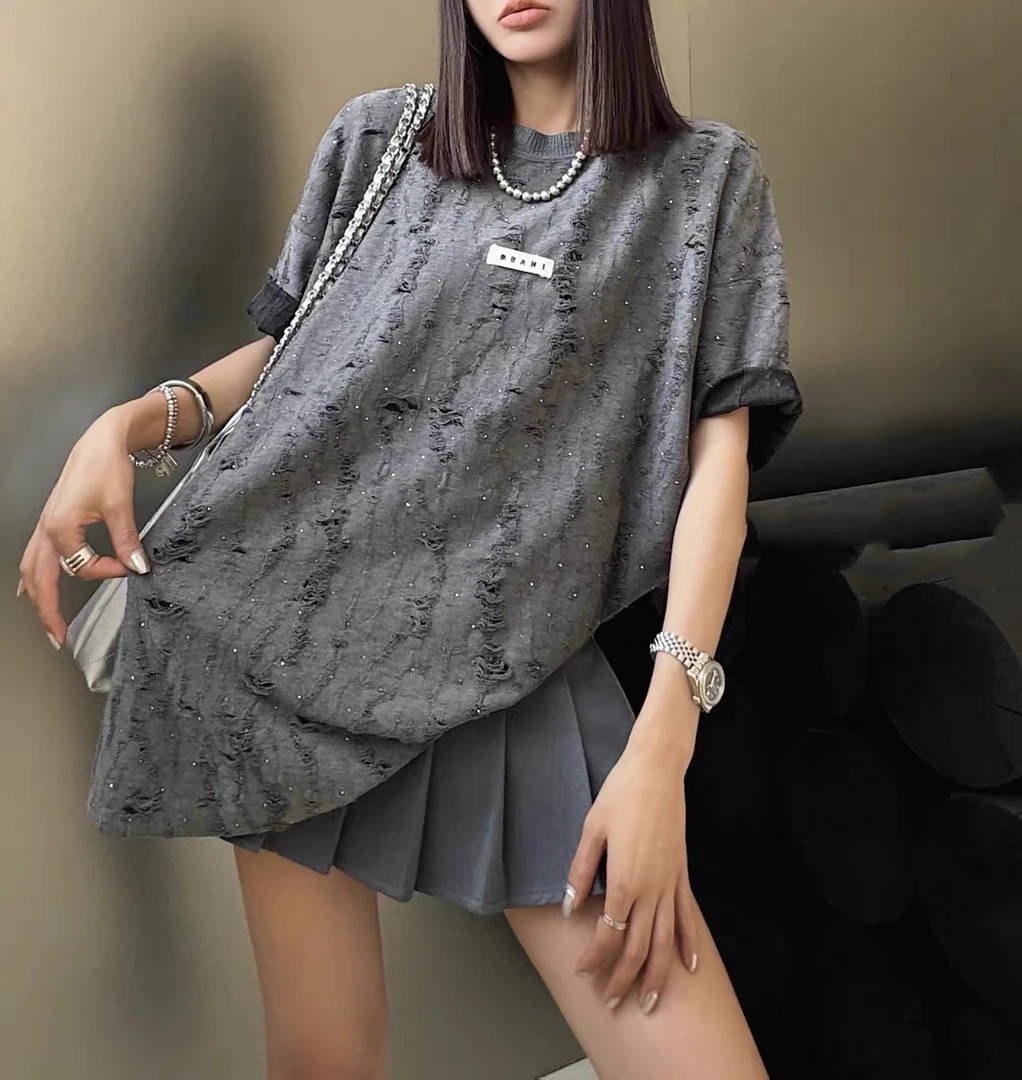 大码时尚短袖t恤女夏季2024新款胖MM宽松体恤慵懒风设计感上衣ins