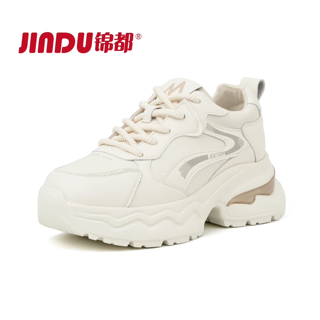 锦都女鞋皮面显高显瘦透气厚底老爹鞋女2024年秋季学院风运动鞋