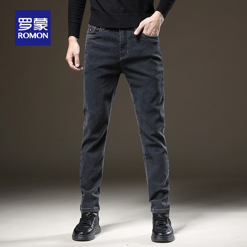 罗蒙男士修身百搭牛仔裤2023秋冬时尚潮流休闲复古弹力显瘦小脚裤