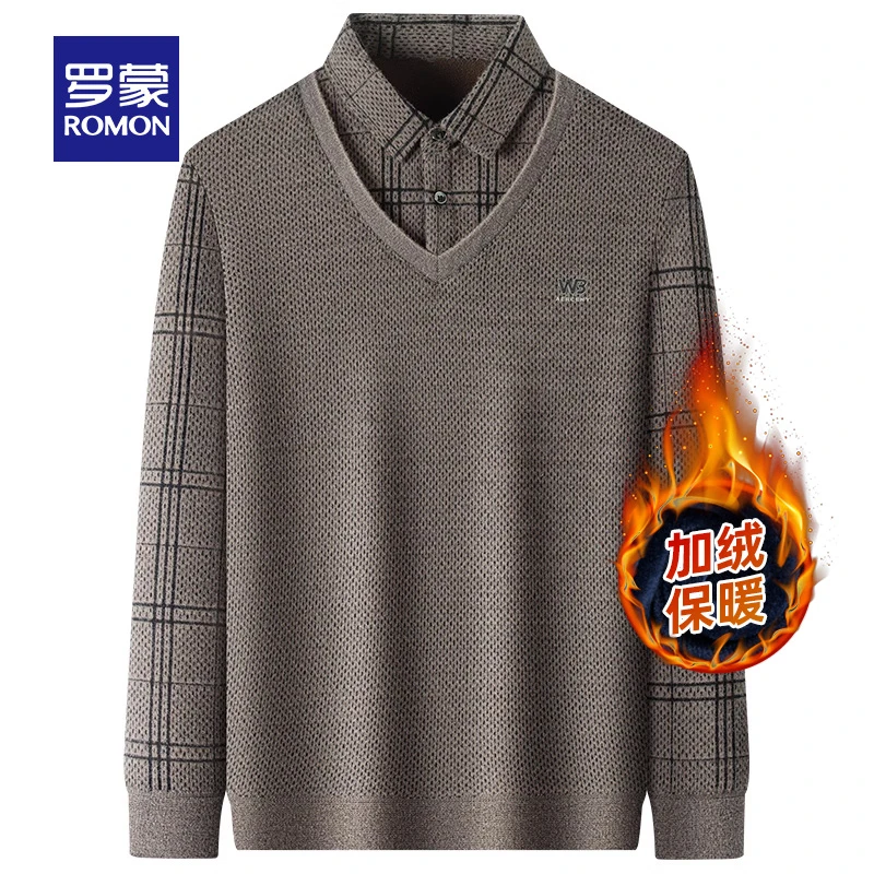 【加绒保暖】罗蒙男士休闲针织衫2025冬季新款假两件加厚舒适毛衣