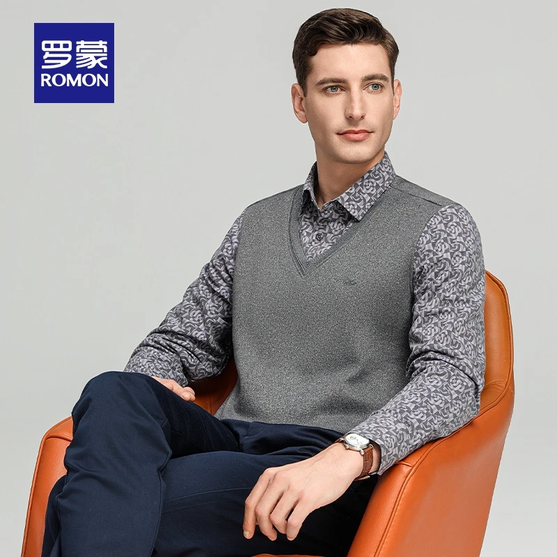 【含羊毛+桑蚕丝】罗蒙男士加绒假两件针织衫2024冬季新款厚毛衣