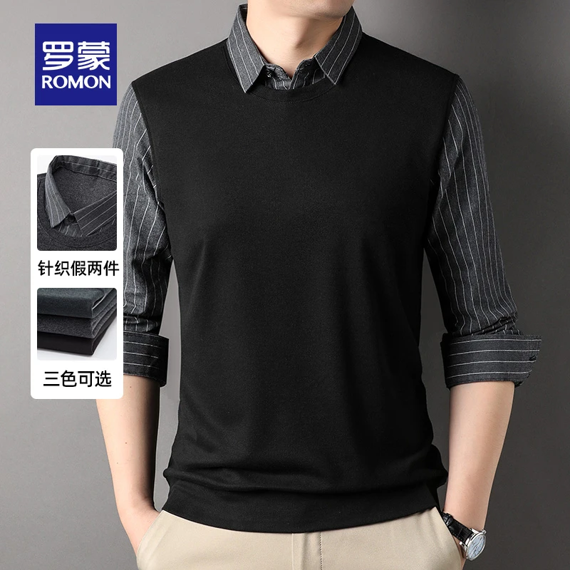 罗蒙男士假两件2023秋季男装百搭条纹针织衫中青年商务休闲毛衣男