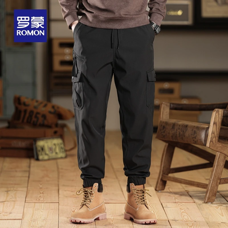 罗蒙男士工装风休闲裤2025春秋新款时尚简约潮流松紧腰百搭束脚裤
