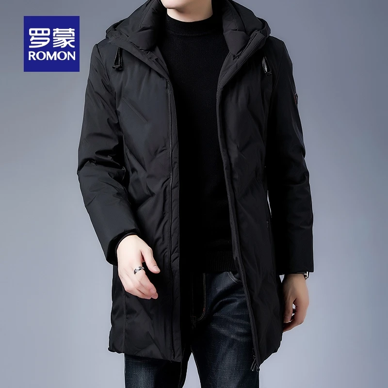 罗蒙男士商务中长款羽绒服2025冬季新款舒适保暖户外百搭连帽外套