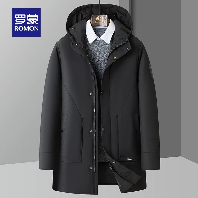 罗蒙男士商务保暖羽绒服2023冬季新款中长款连帽时尚百搭休闲外套