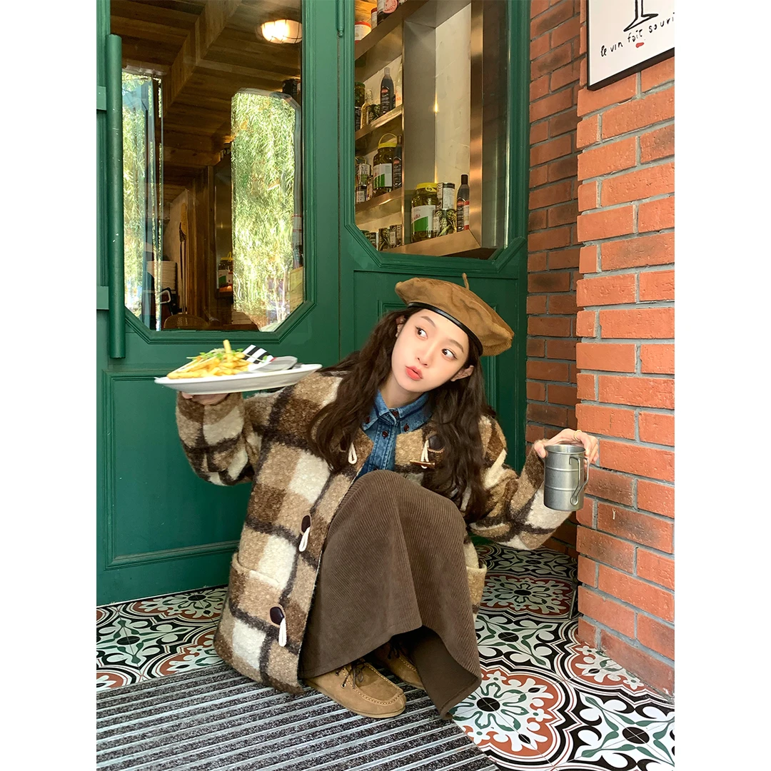 清 FF BLUE 学院少女风复古格纹牛角扣外套中长款毛呢大衣秋冬