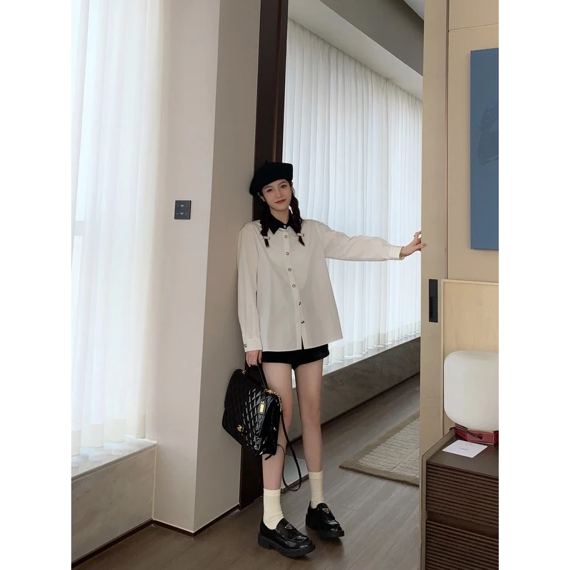 清 FF BLUE 牛奶生巧 拼接领口白色衬衫内搭女叠穿长袖上衣外套