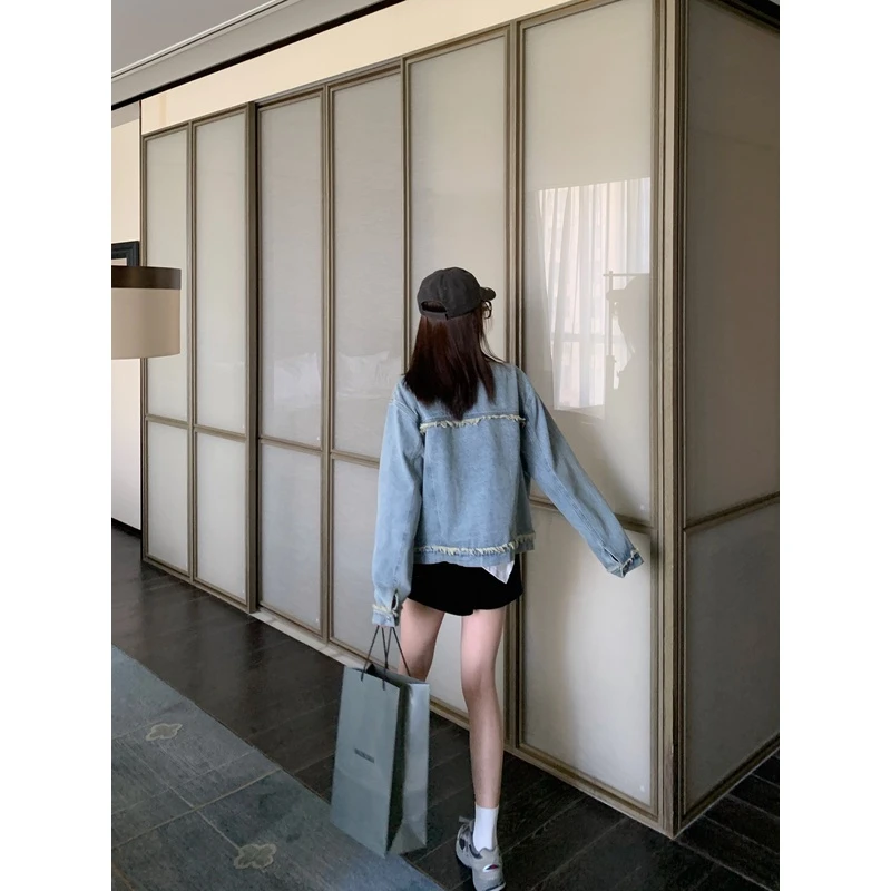 FF BLUE 纽约做旧毛边牛仔外套女宽松百搭韩版休闲夹克新款早秋