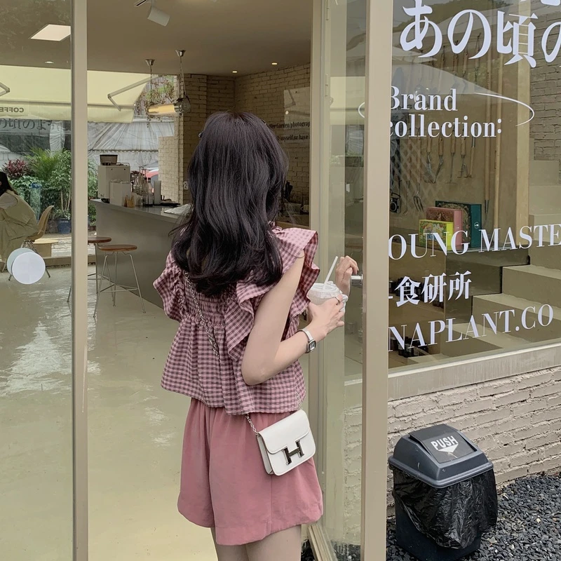 FF BLUE牛仔格纹 元气少女感褶皱小飞袖荷叶边设计感小上衣女夏季