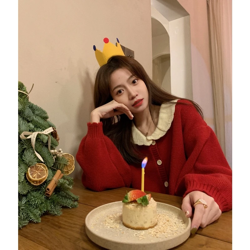 FF BLUE浆果小树莓 新年红/摩卡 节日氛围感花瓣开衫外套红色毛衣