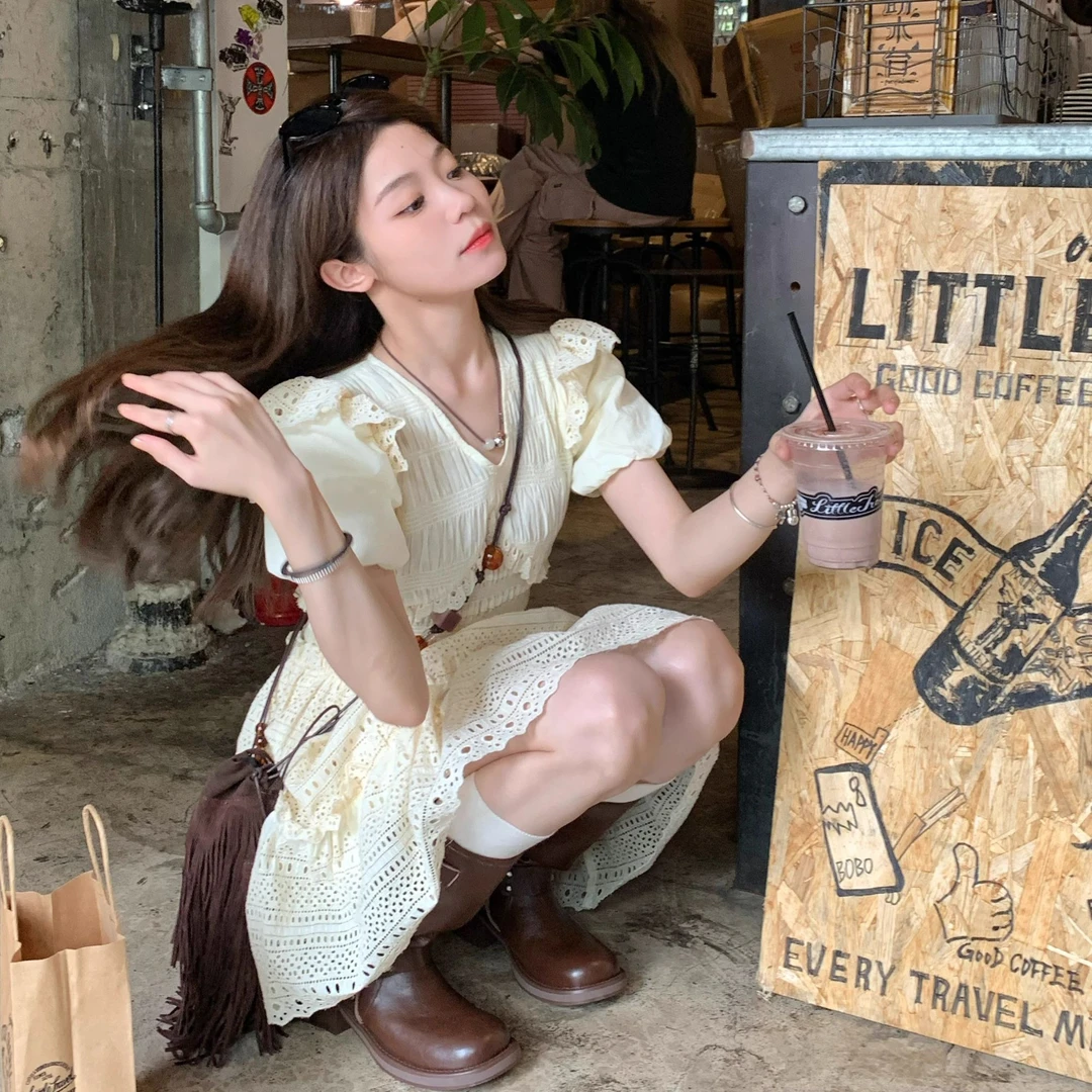 FF BLUE 蛋奶饼干 乖巧少女小飞袖星星连衣裙夏气质V领设计感裙子