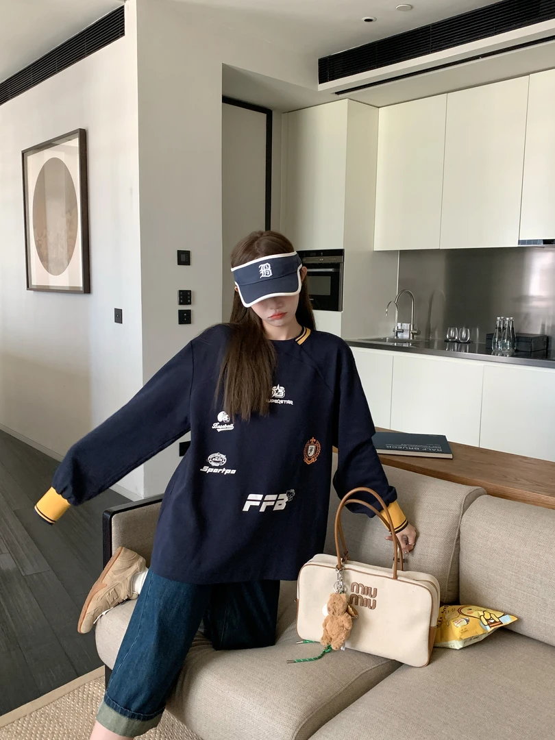 FF BLUE 藤校棒球会  86棉复古美式运动风上衣少女感宽松休闲球衣