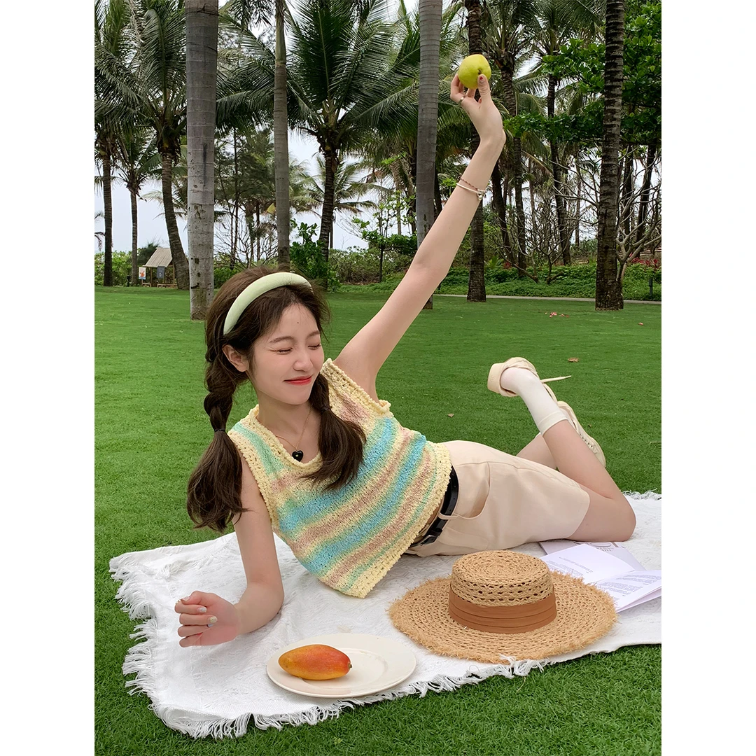 FF BLUE 巴厘岛夏梦 多巴胺彩虹背心原创韩版甜美设计感上衣女夏