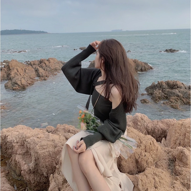 FFBLUE 人鱼小姐 茶艺心机飘带松墨绿针织开衫吊带