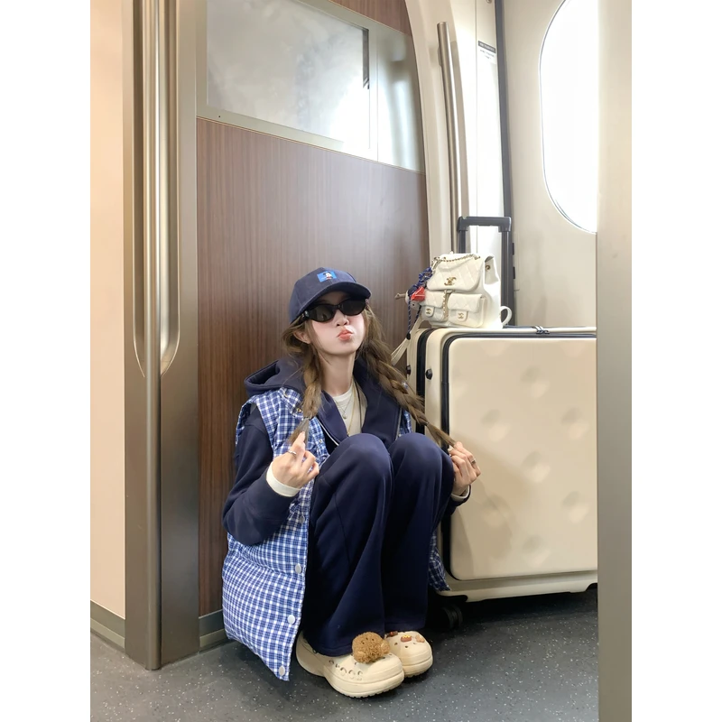 FF BLUE 蓝岛手札 35棉可拆卸袖子蓝格纹棉服宽松舒适两穿外套女