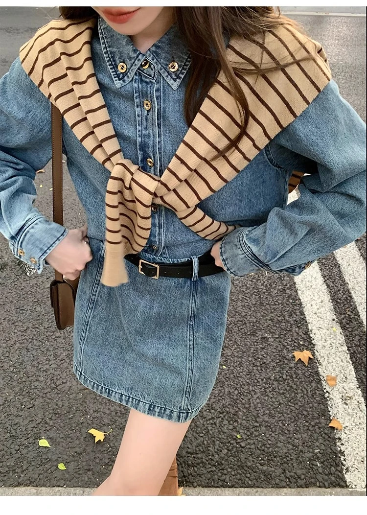 清 FF BLUE 约克郡丹宁 复古水洗翻领牛仔衬衫经典百搭半裙套装