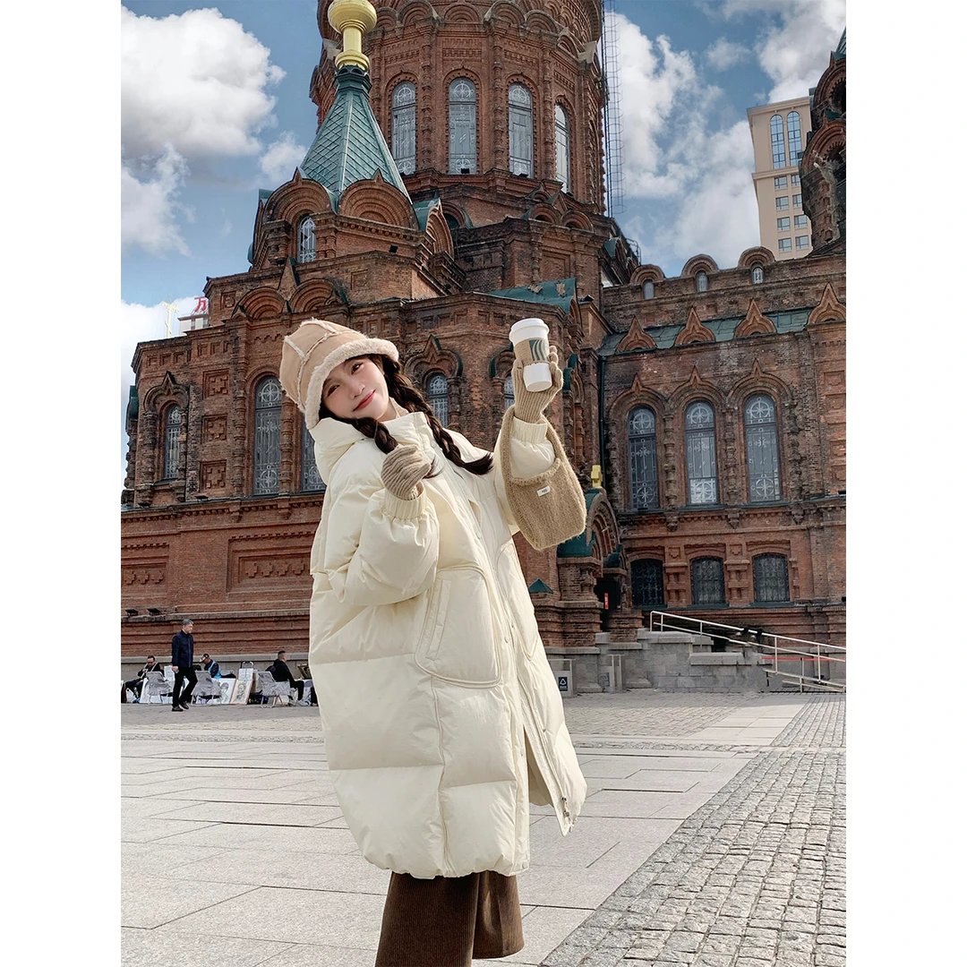 FF BLUE 奶酪甜心 连帽大口袋柔软面包羽绒服米白色长款外套