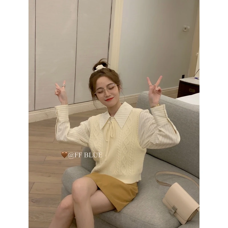 FF BLUE 乖巧学妹感蝴蝶结系带圆领麻花针织背心叠穿马甲新品