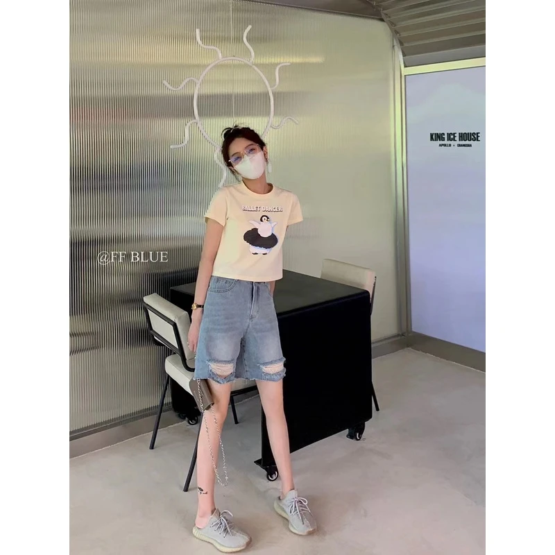 FF BLUE 休闲磨边破洞浅色牛仔短裤女高腰百搭宽松2022夏季新款