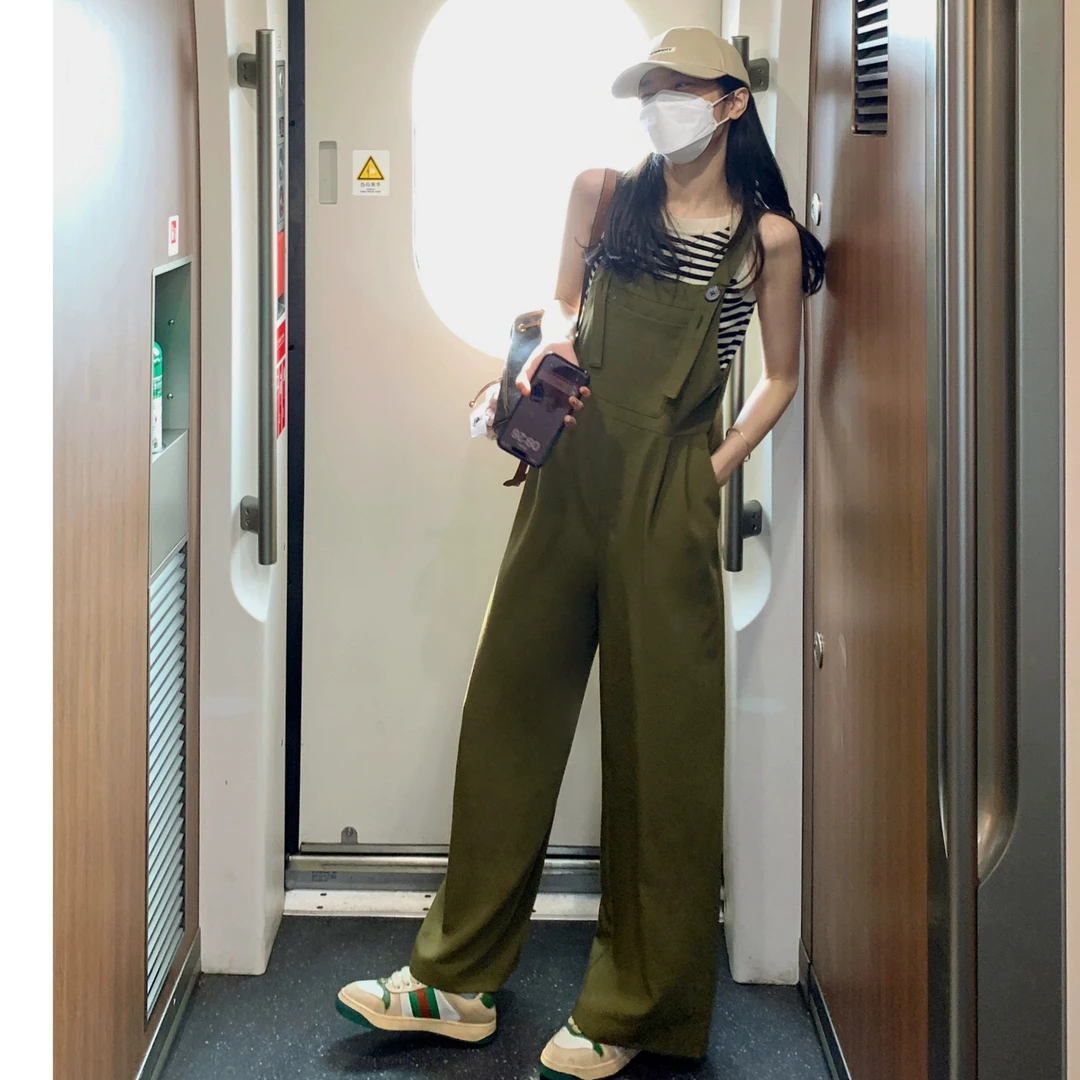 清 FF BLUE 秒变冷白皮 长/短款显白橄榄绿背带裤女工装休闲裤子