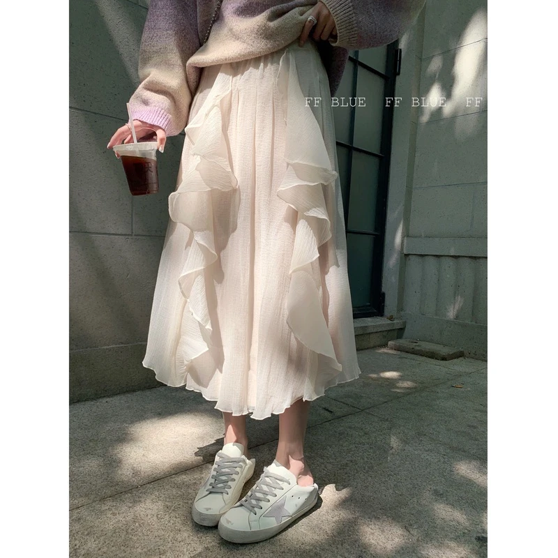 FF BLUE 湖面晨雾 质感巨赞仙气花边百搭纱裙半身裙2022新款裙子