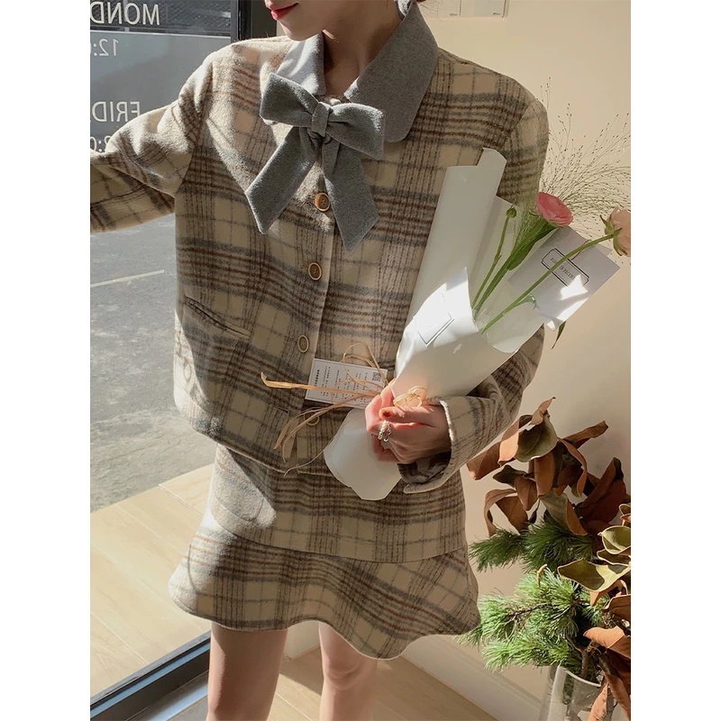 FF BLUE 大小姐的衣橱 雾蓝色温柔格纹双面尼大衣鱼尾短裙半身裙