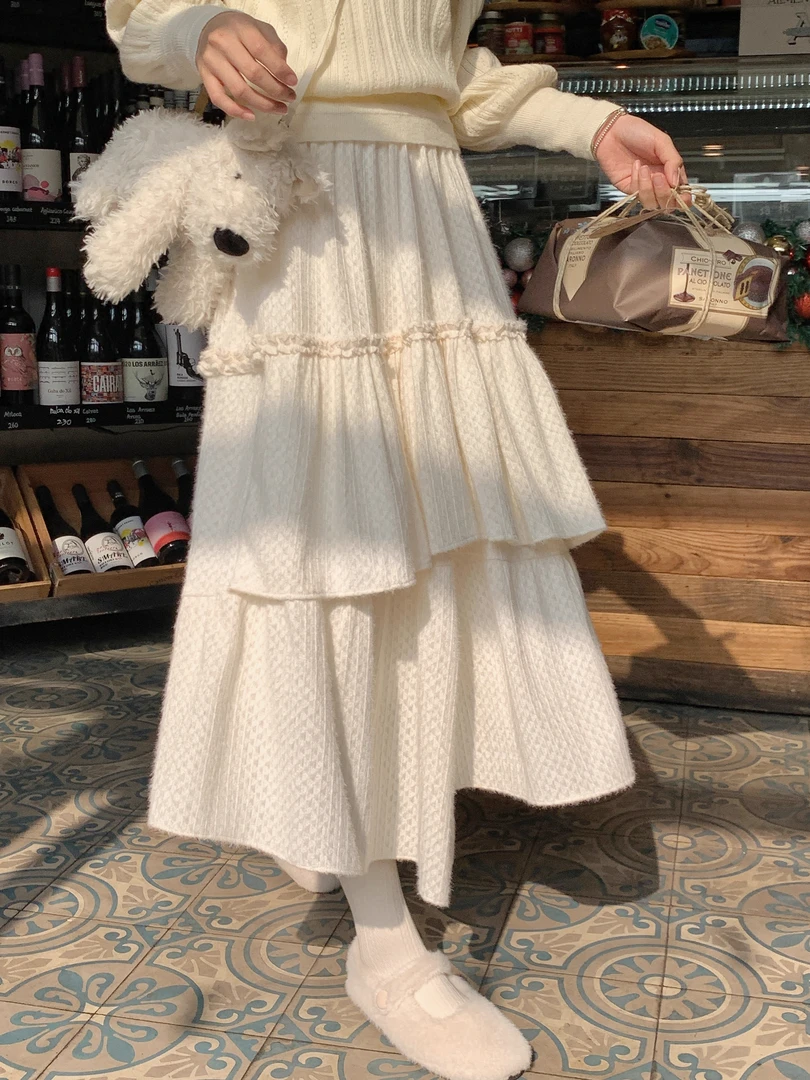 清 FF BLUE 桐花街少女肌理感花边蛋糕裙设计感白色半裙长短款