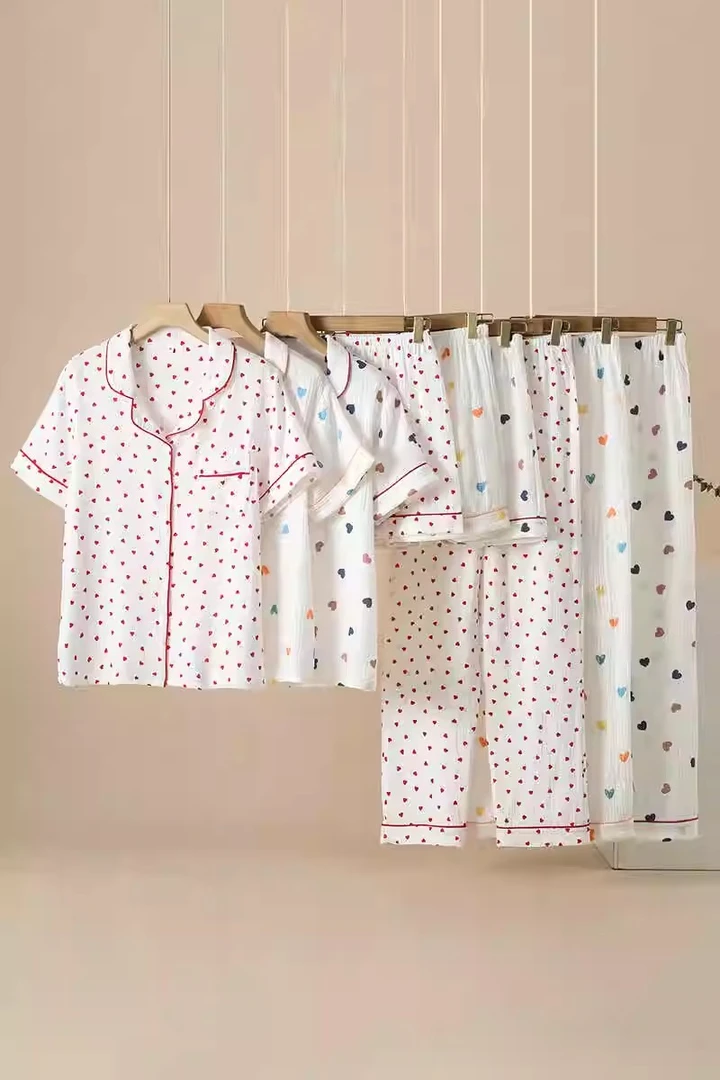 新款翻领短袖三件套睡衣睡衣女套装休闲薄款夏季女士宽松