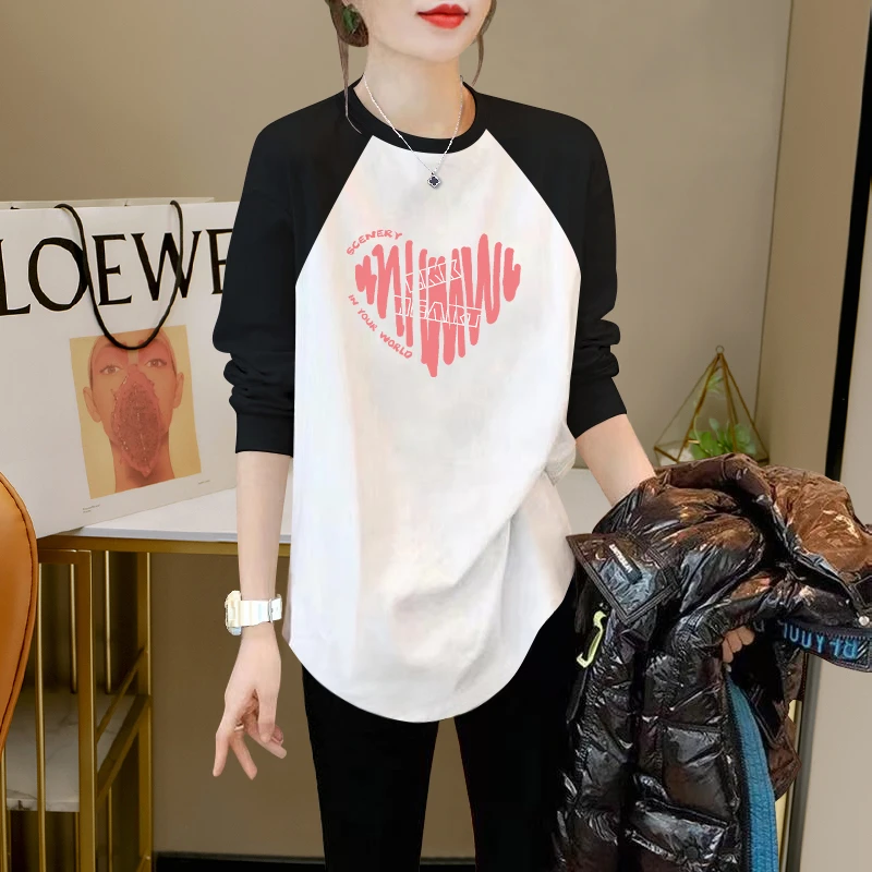 插肩袖上衣外穿春秋2023年设计感撞色拼接长袖遮屁中长款T恤女潮