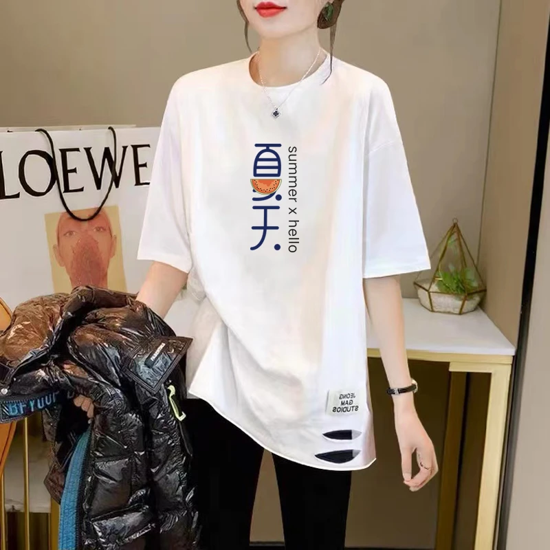 白色春夏新款中长款遮屁股半袖鲨鱼裤芭比裤搭配上衣时尚t恤女潮