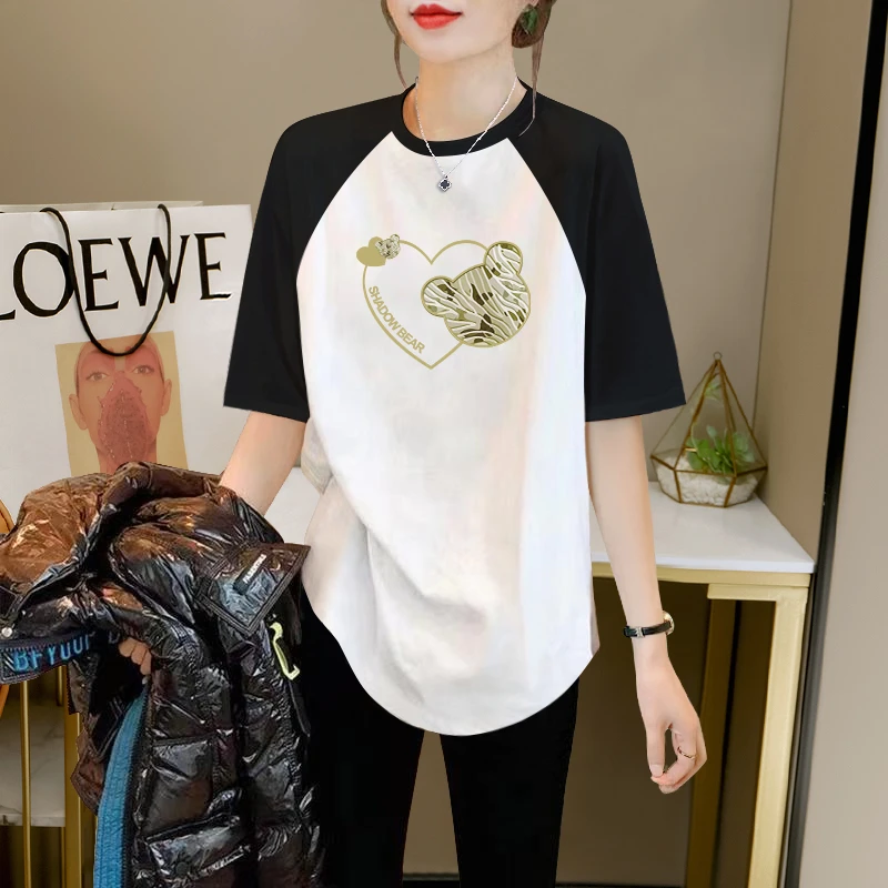 圆领短袖拼接半袖T恤女夏季新款中长款宽松黑白撞色插肩袖上衣ins