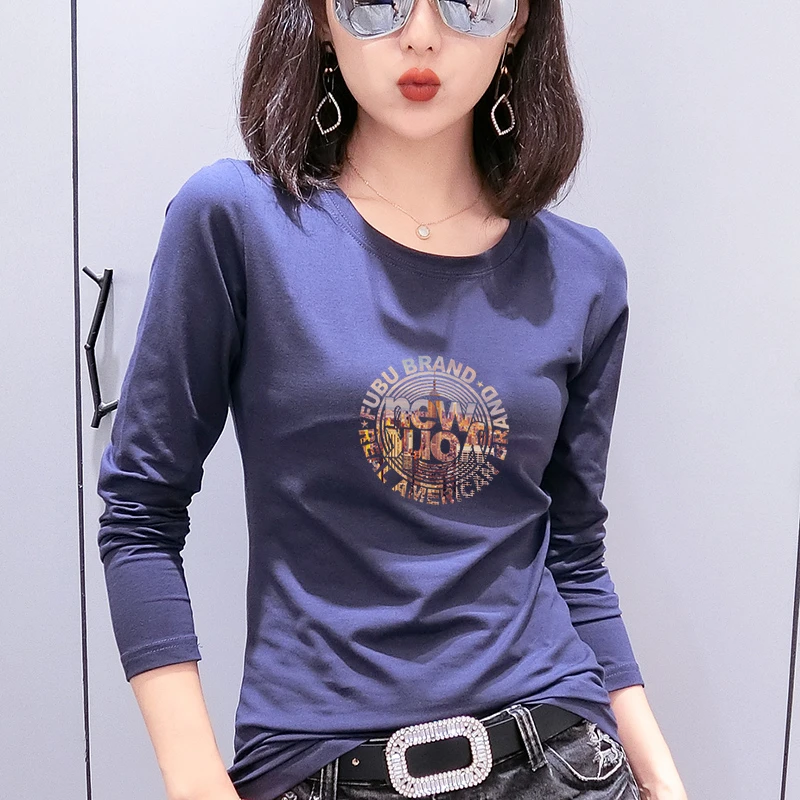 棉长袖t恤女装2023春季新款韩版外穿圆领体恤打底衫女时尚上衣W