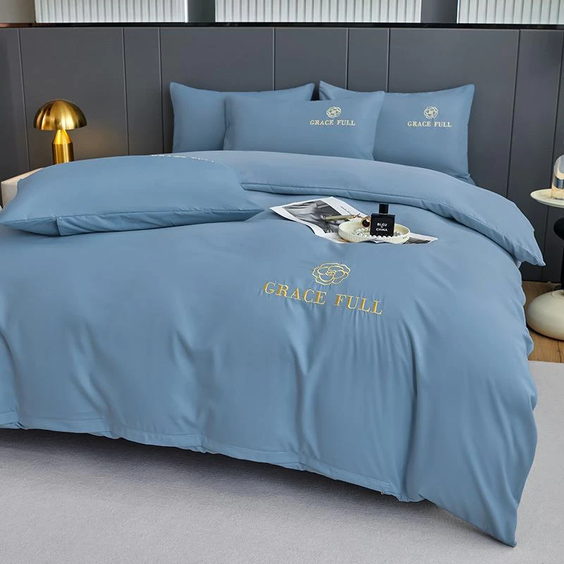 水星家纺水洗棉刺绣四件套加厚磨毛套件学生宿舍三件套亲肤床笠款