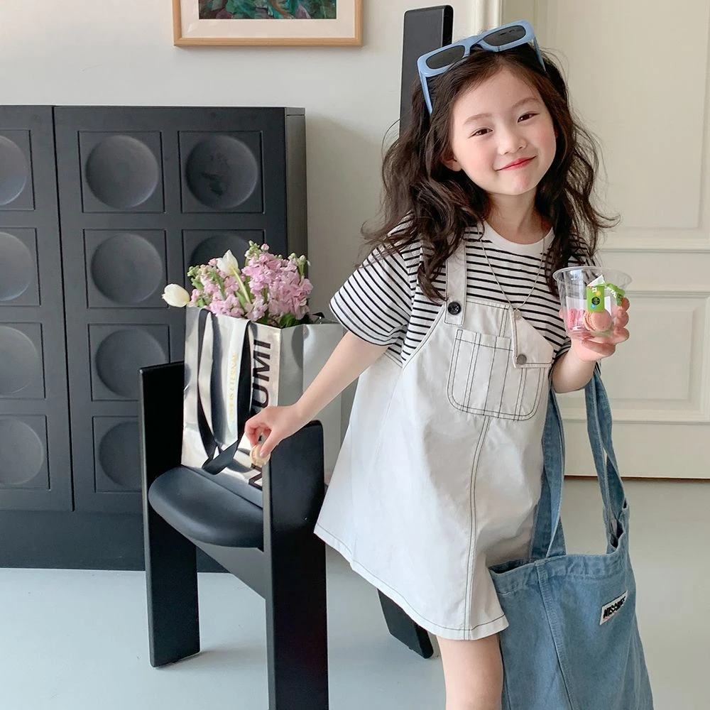 女童假两件背带裙中小童夏季儿童短袖小女孩洋气条纹女宝宝连衣裙
