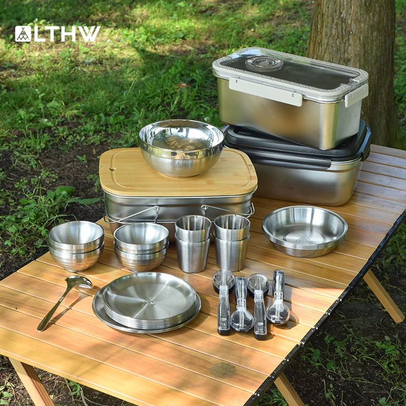 LTHW旅腾户外餐具便携露营野餐碗筷盘子双层水杯碟不锈钢餐具