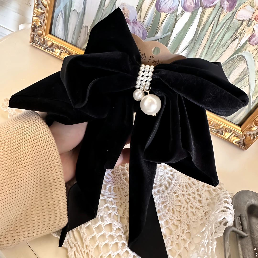 韩国进口仿珍珠甜美蝴蝶结钢夹垂感丝绒小香风发夹弹簧夹