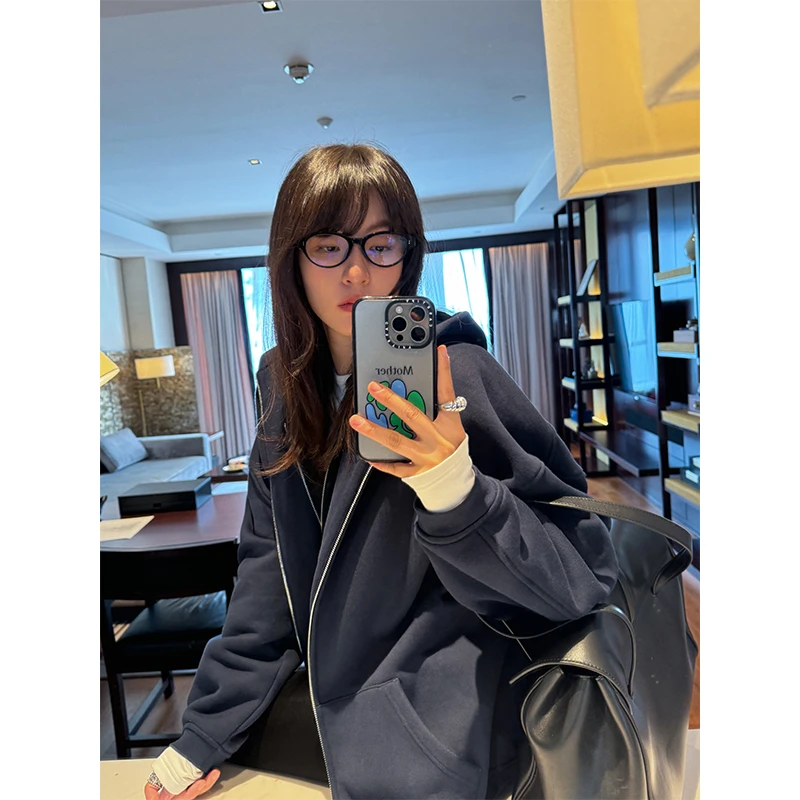 ADA MISS慵懒风长绒棉磨绒廓形连帽链接卫衣宽松外套加绒女冬新款